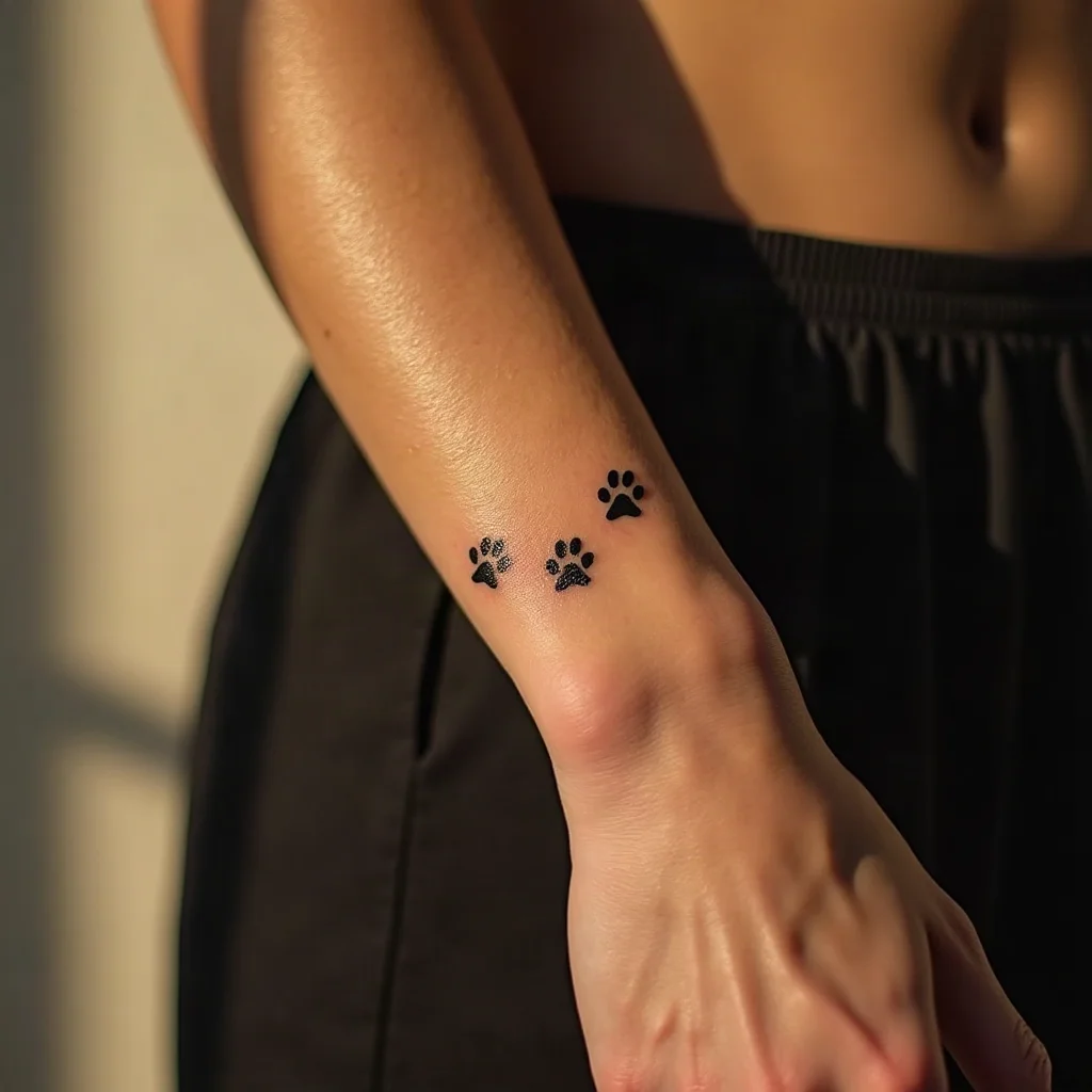 Small paw prints circling the wrist as a minimalist band tattoo