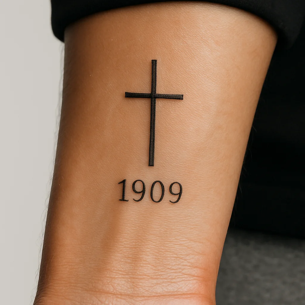 Small plain cross with a memorial date tattooed on a man's inner wrist
