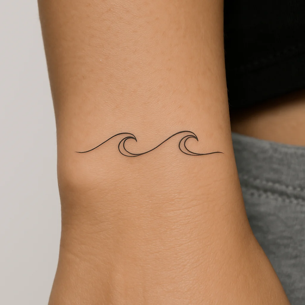 Small single-line wave tattoo with two crests in fine-line style on the side of the wrist
