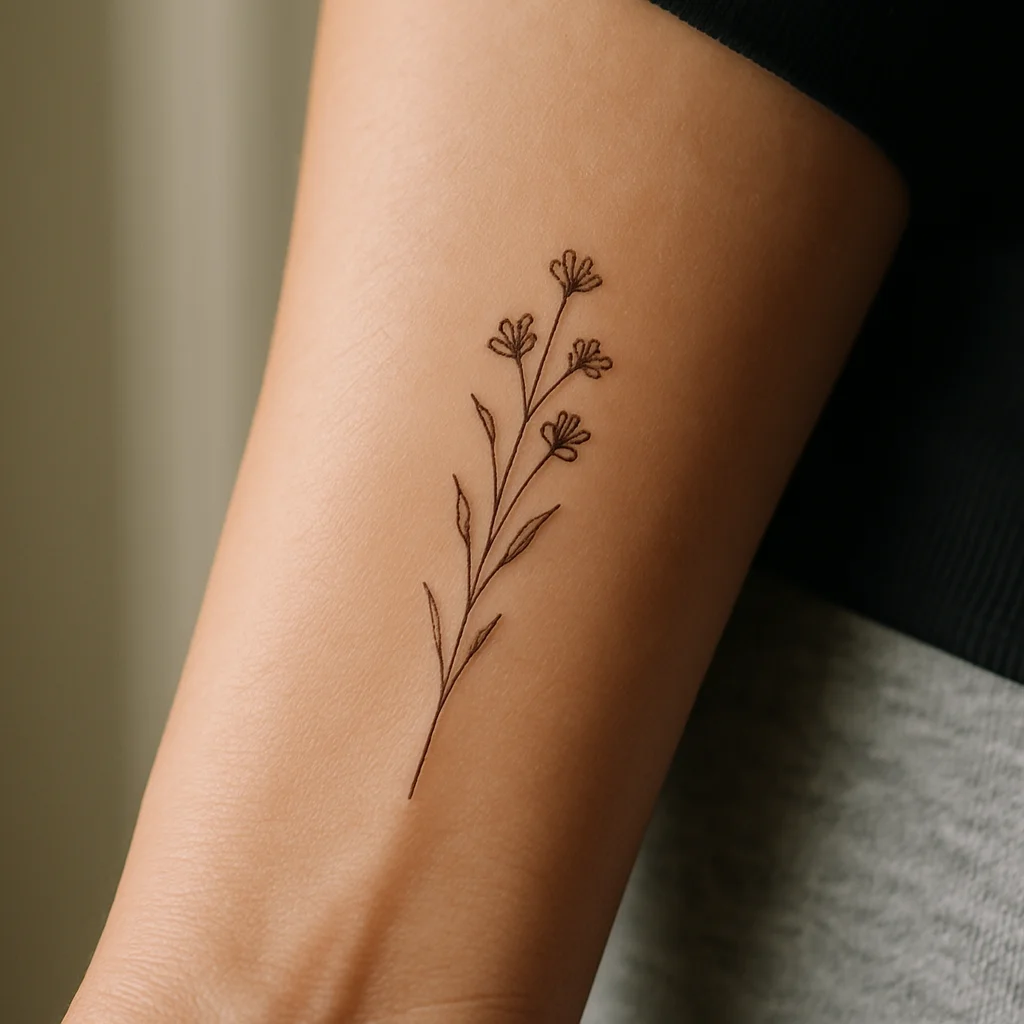 Small single-needle wildflower sprig tattoo on the inner wrist, the size of a typical shop-minimum piece