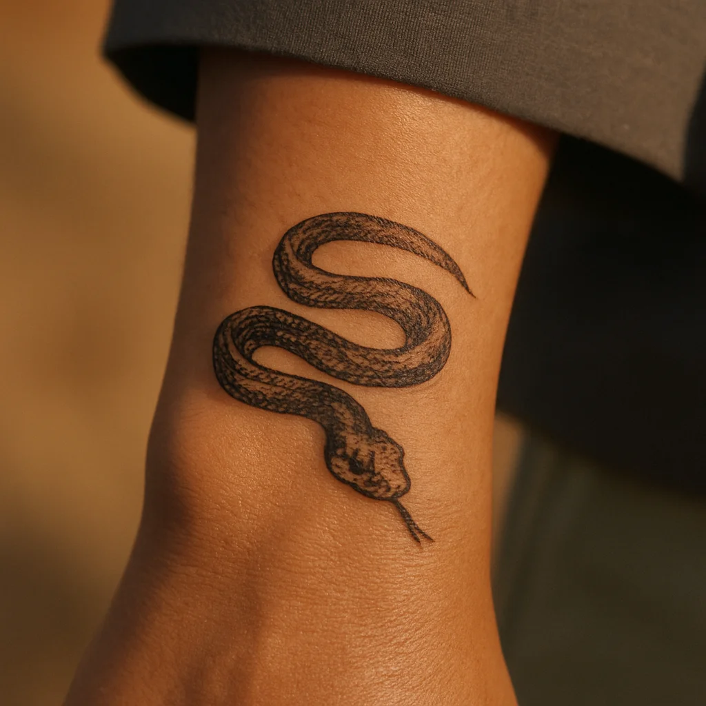 Small snake tattoo curling around a man's wrist bone in illustrative style