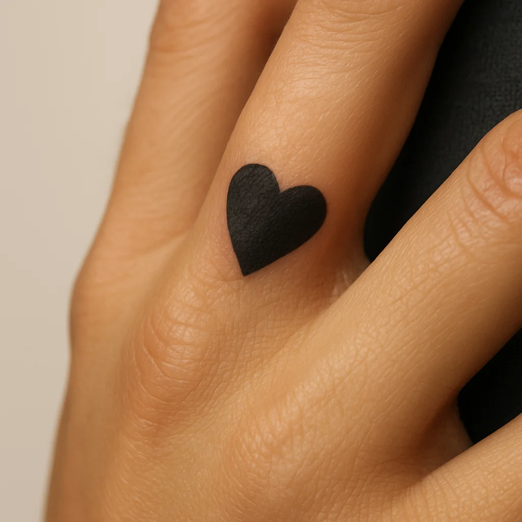 Small solid black heart tattoo reworked on the side of a finger