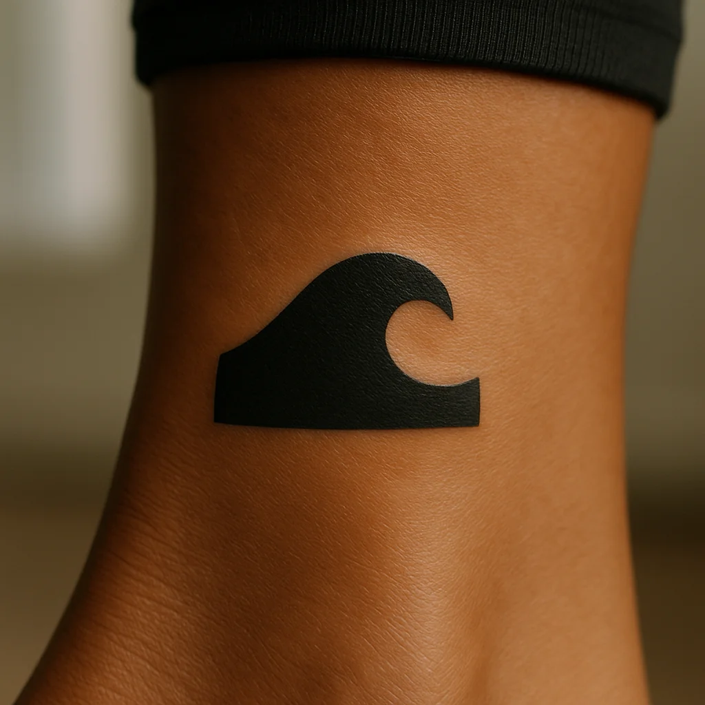 Small solid black wave tattoo on the ankle as the filled half of an outline and solid couple pair