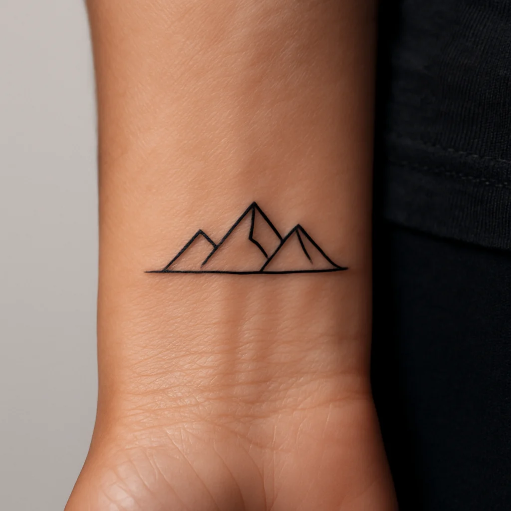 Small three-peak mountain range tattoo with horizon line on a man's wrist