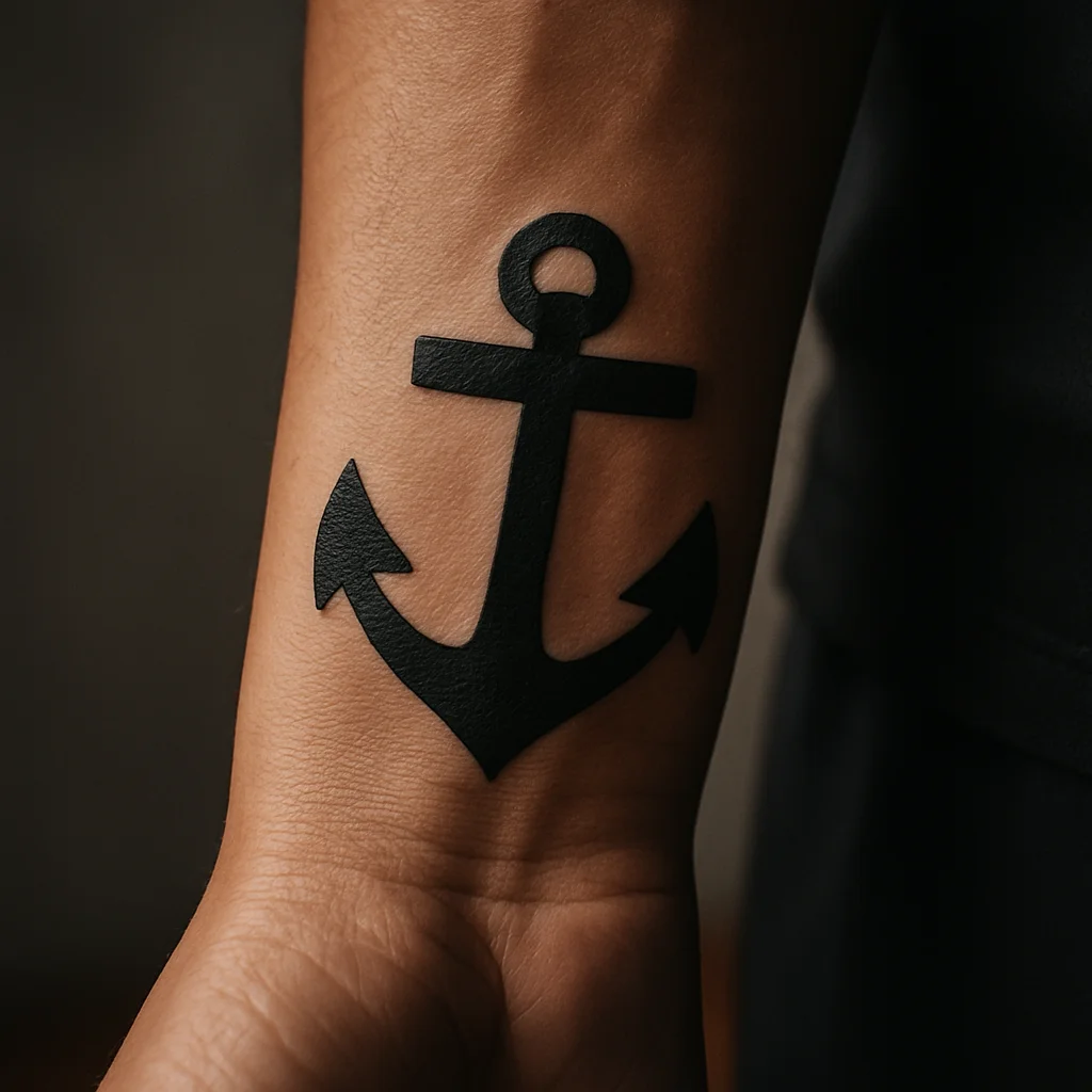 Small traditional anchor tattoo without rope on a man's inner wrist