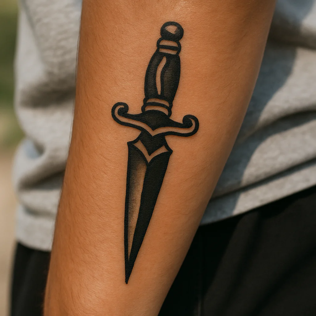 Small traditional dagger tattoo pointing toward the hand on a man's wrist