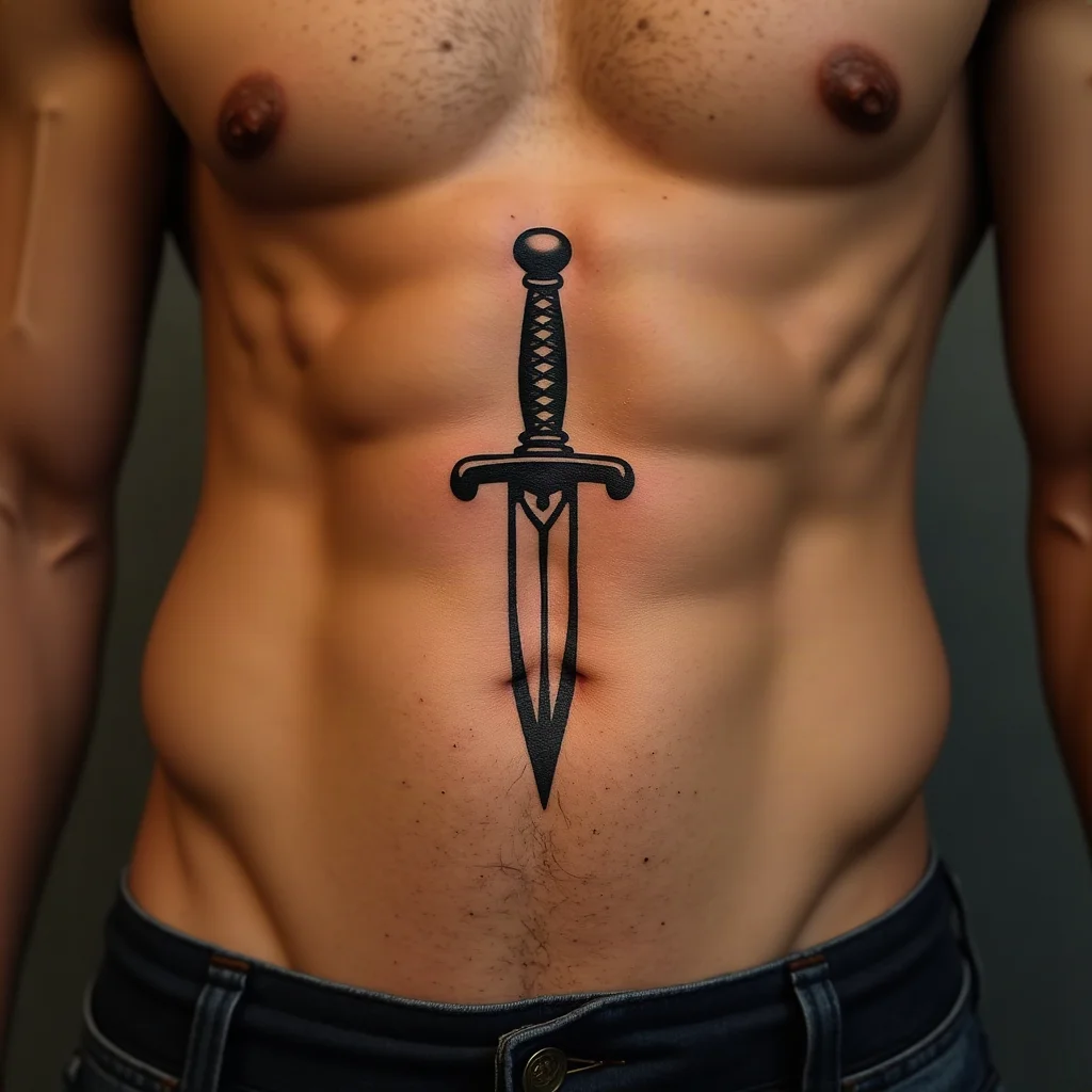 Small traditional dagger tattoo seated between two ribs on the side of the ribcage