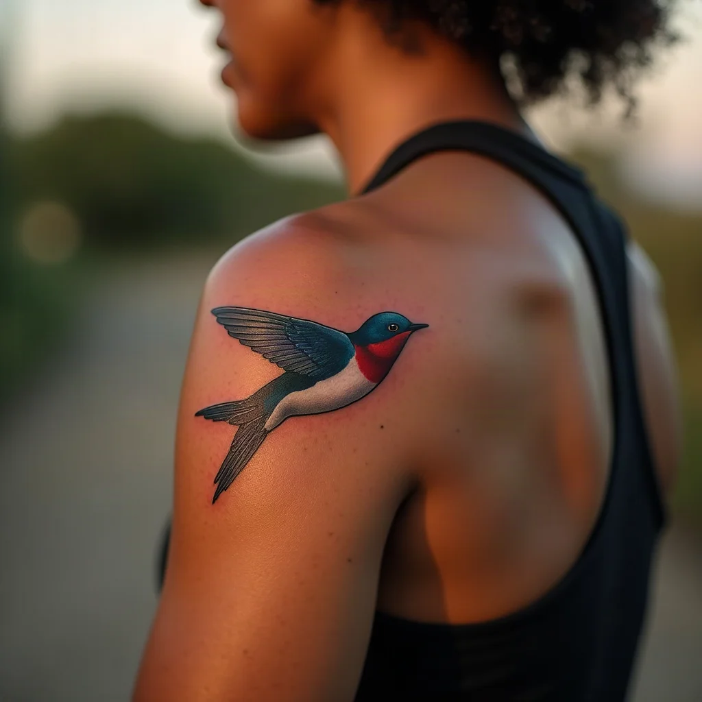 Small traditional swallow tattoo in full color on the upper arm