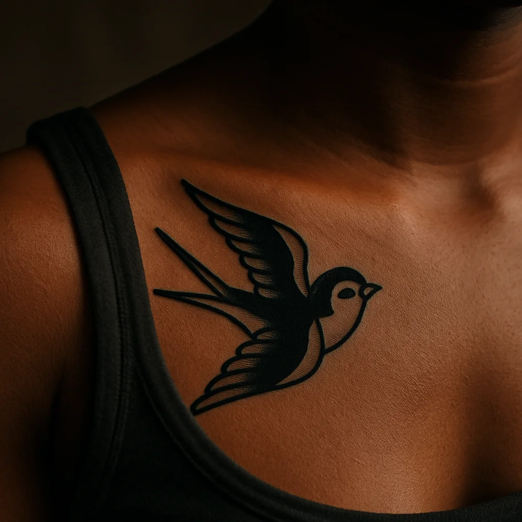 Small traditional swallow tattoo with bold outlines flying across the collarbone