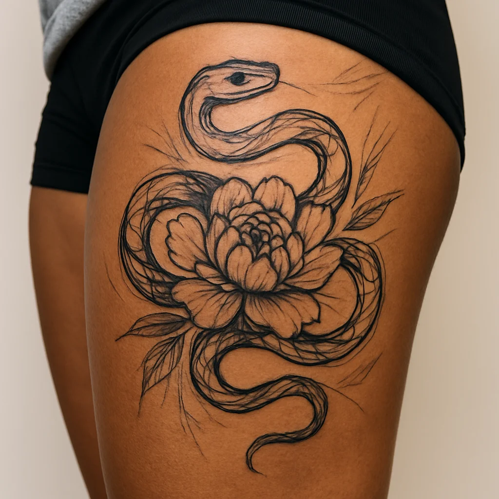 Snake and peony thigh tattoo in illustrative style wrapping the outer thigh