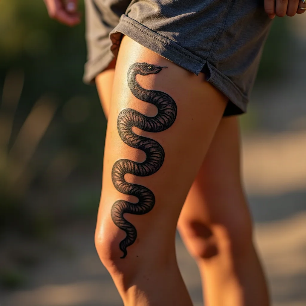 Snake tattoo coiling around a man's entire thigh from hip to knee