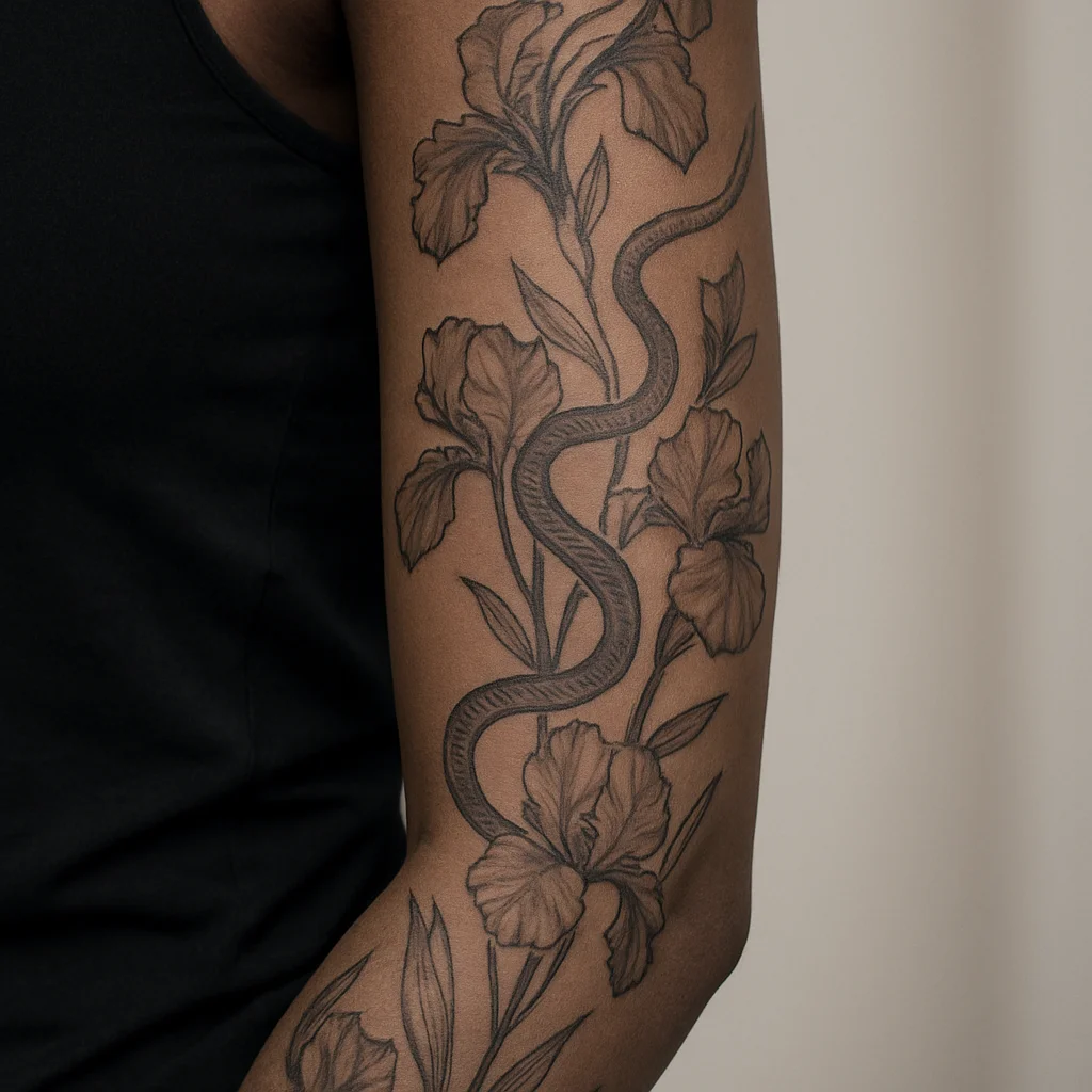 Snake winding through iris blooms in a full floral sleeve from shoulder to wrist