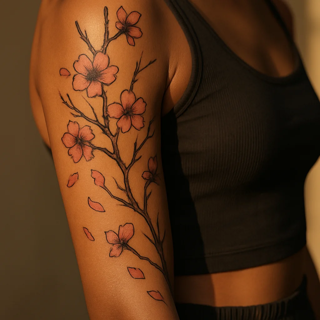 Soft pink cherry blossom sleeve with petals drifting from shoulder to wrist
