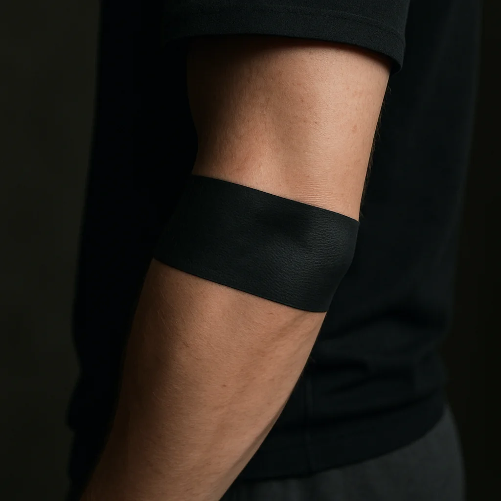 Solid black armband tattoo wrapping the widest part of a man's outer forearm below the elbow