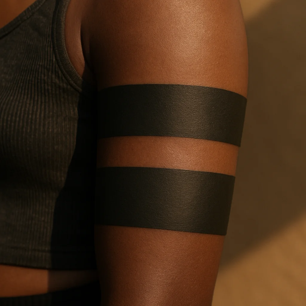 Solid black armband with negative-space skin stripe across the bicep