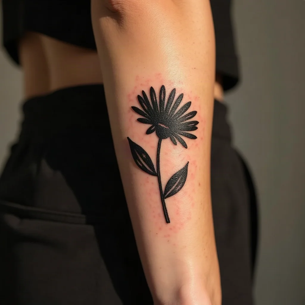 Solid black aster silhouette in blackwork style on the side of the wrist