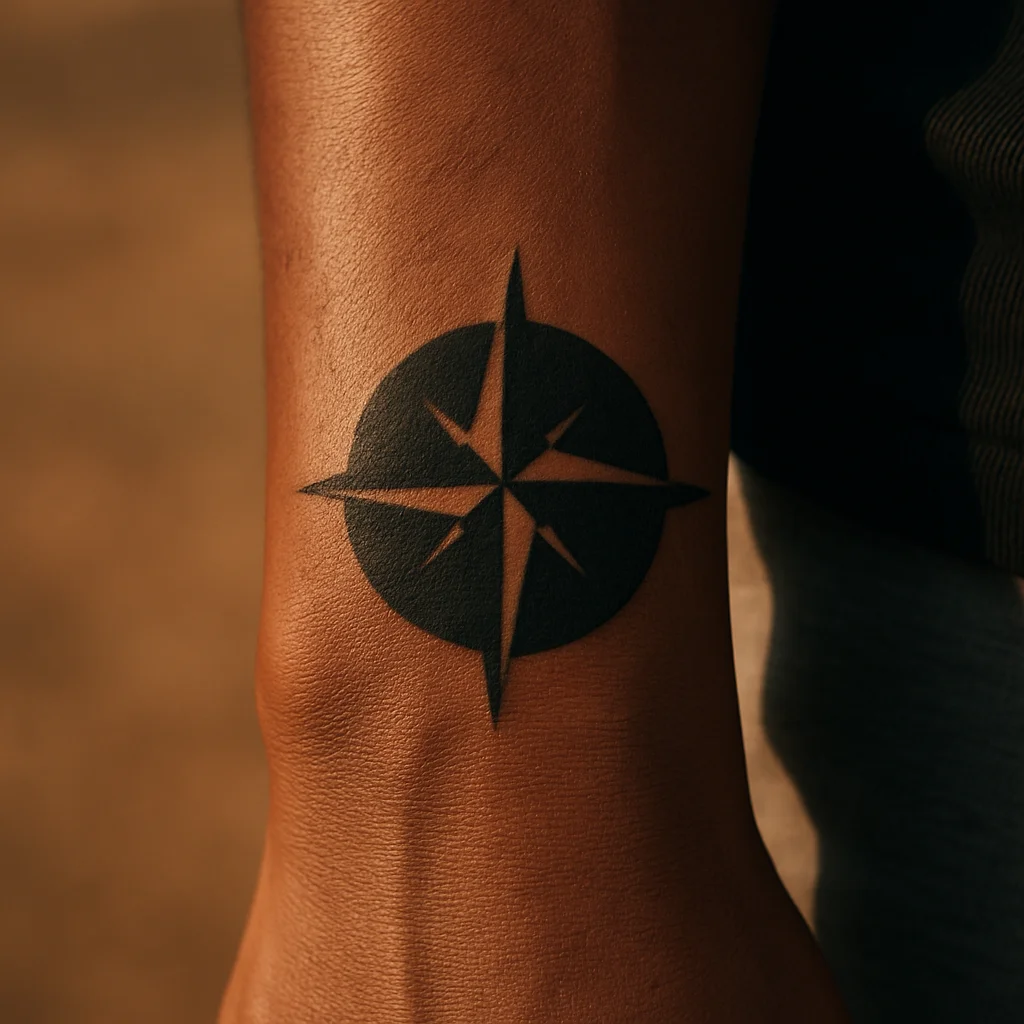Solid black compass rose tattoo the size of a watch dial on a man's wrist