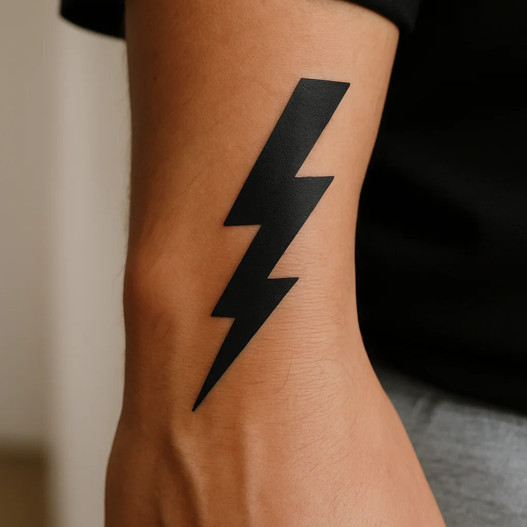 Solid black lightning bolt tattoo angled on a man's outer wrist