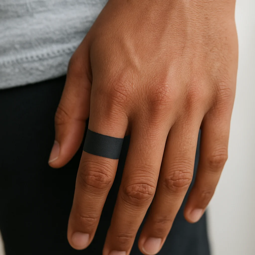 Solid black minimalist band ring tattoo on the finger