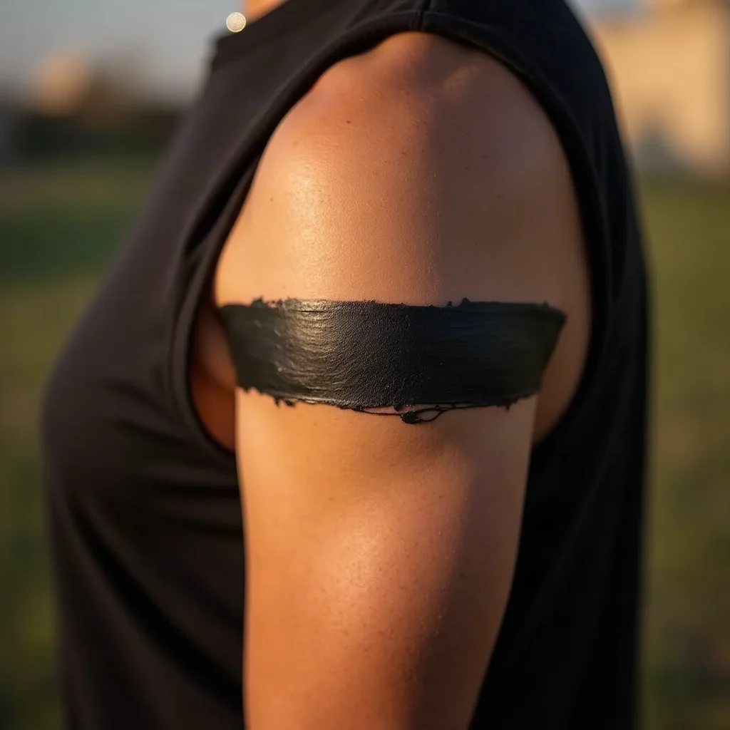 Solid blackwork armband tattoo around an upper arm during the heavy-scabbing stage