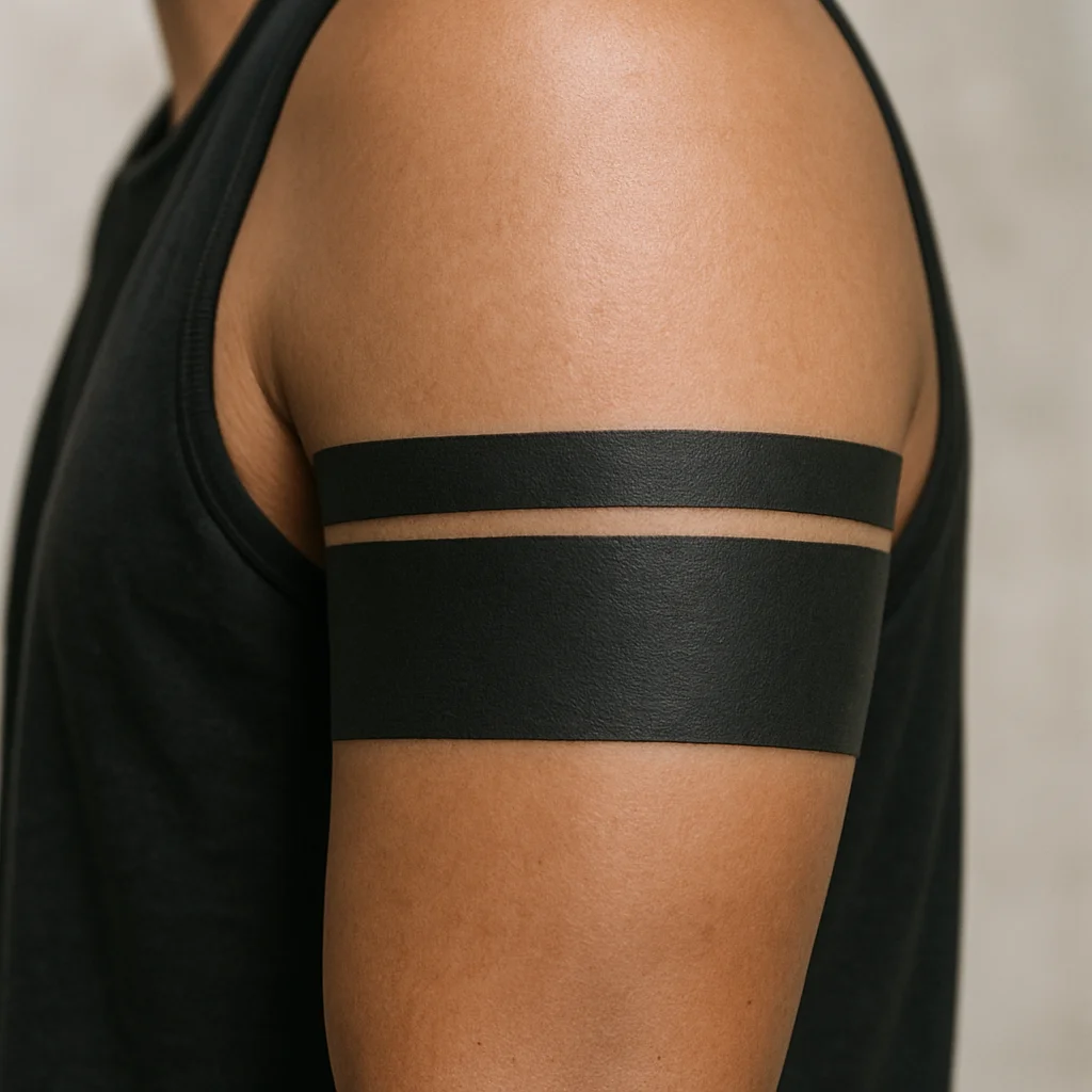 Solid blackwork band tattoo wrapping the upper arm with a thin secondary stripe below it