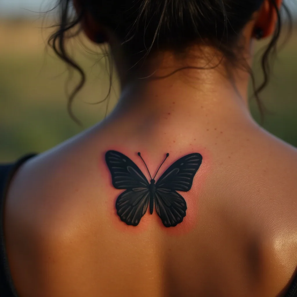 Solid blackwork butterfly silhouette tattooed at the nape of the neck