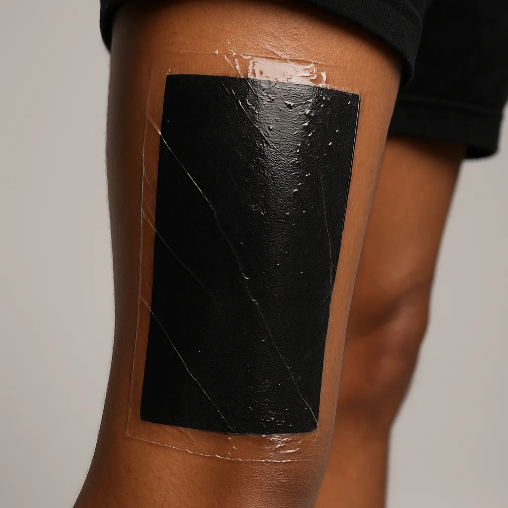 Solid blackwork calf tattoo under adhesive film with plasma pooling on the first day