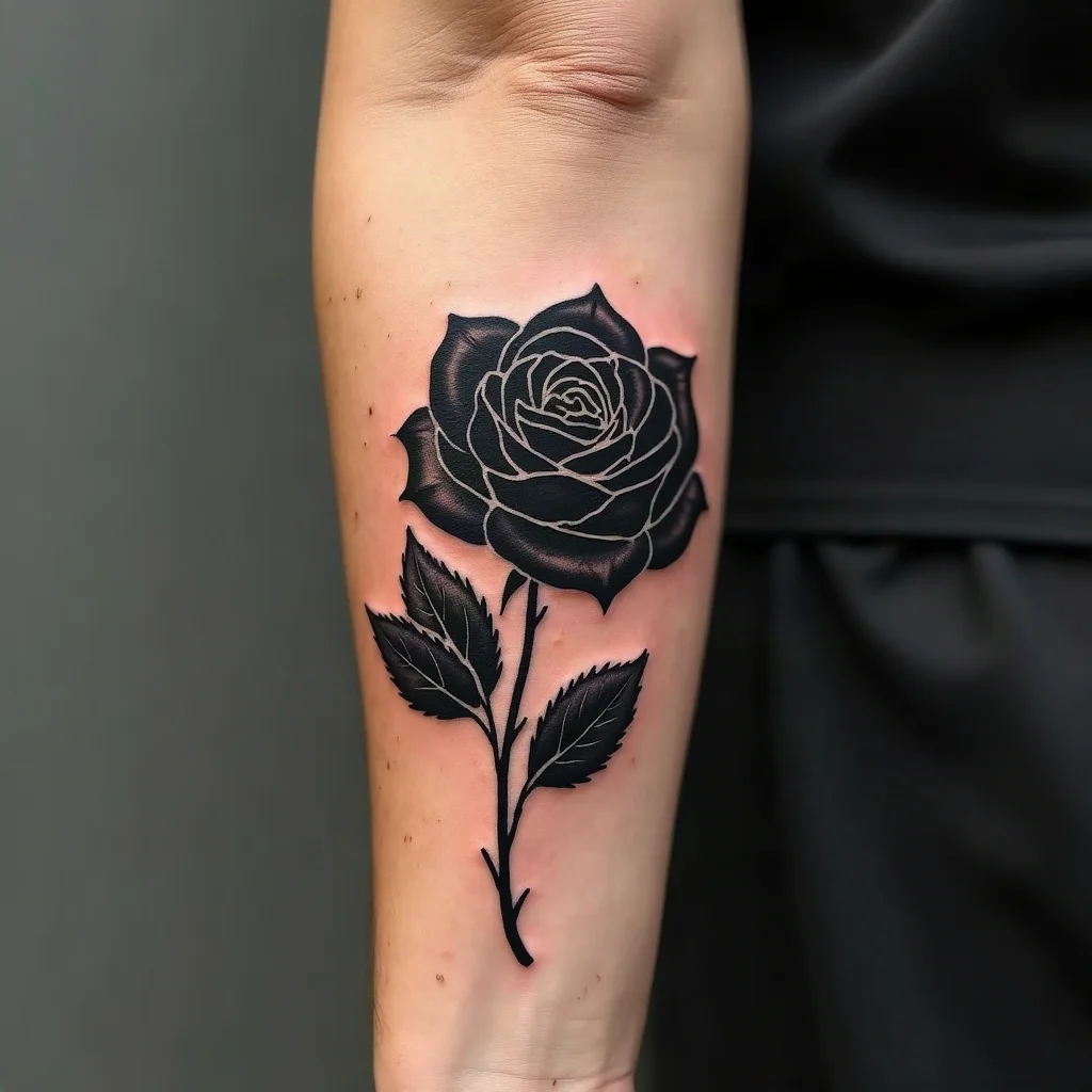 Solid blackwork rose tattoo on an inner forearm in the first days of healing with a thin balm layer
