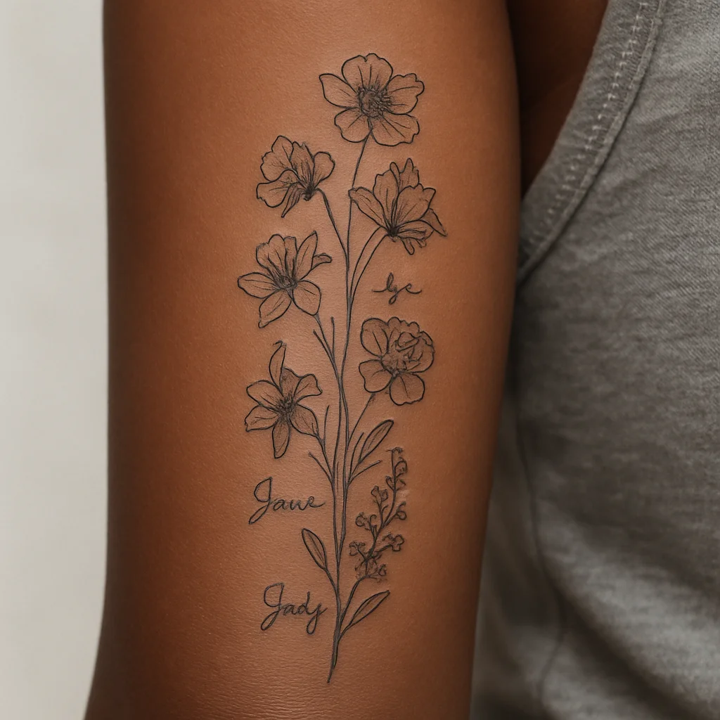Stacked birth flower tattoo with small script names running up the outer forearm
