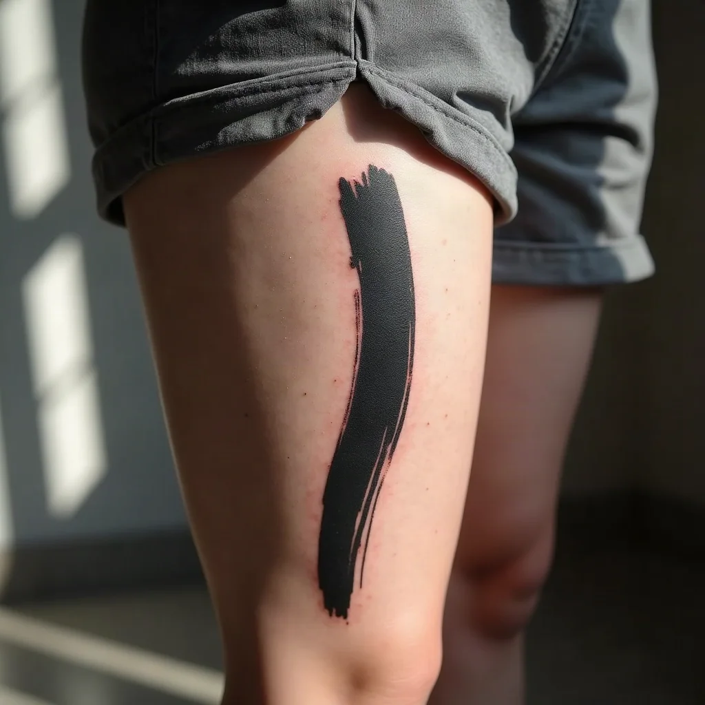 Sumi-e brushstroke tattoo tapering down the inner thigh in blackwork