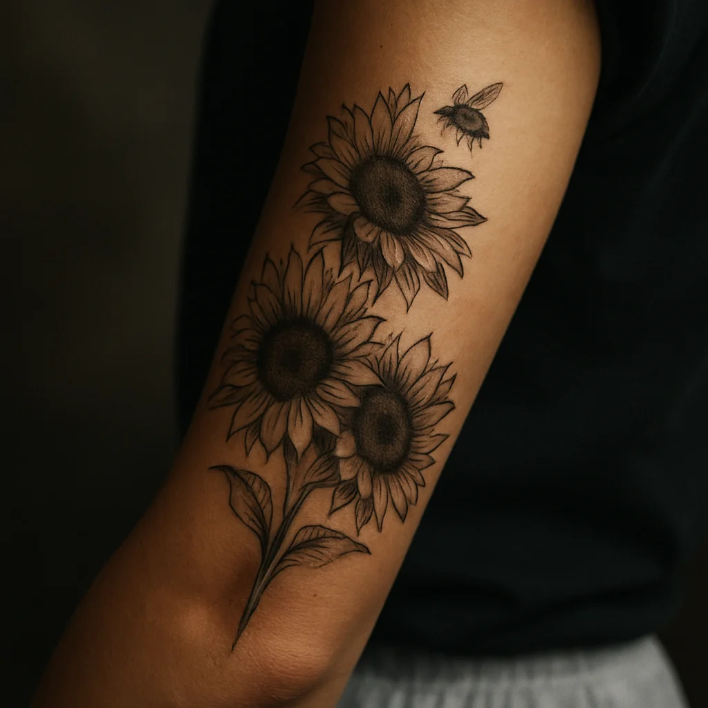 Sunflower and bee sleeve in warm ochre tones across the outer forearm