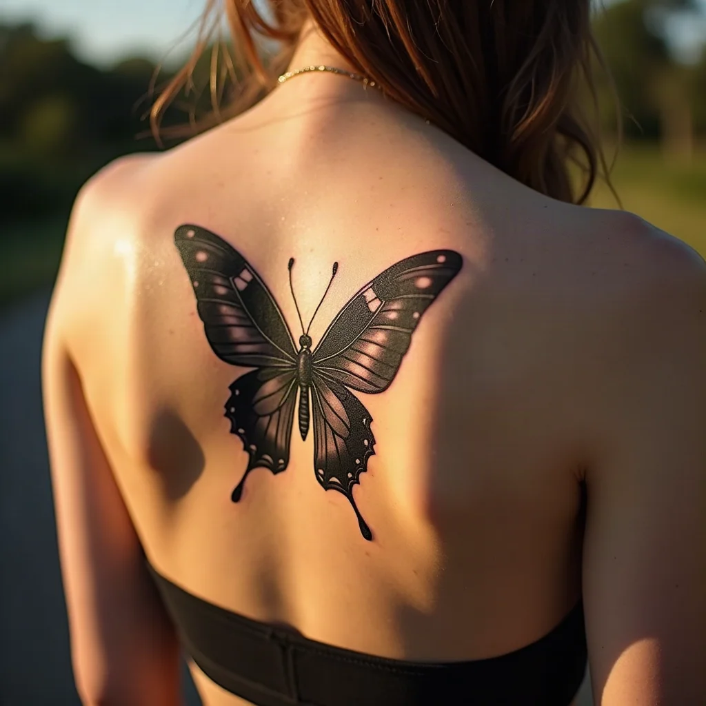 Symmetrical blackwork butterfly with spread wings aligned on the flat plane of the upper back