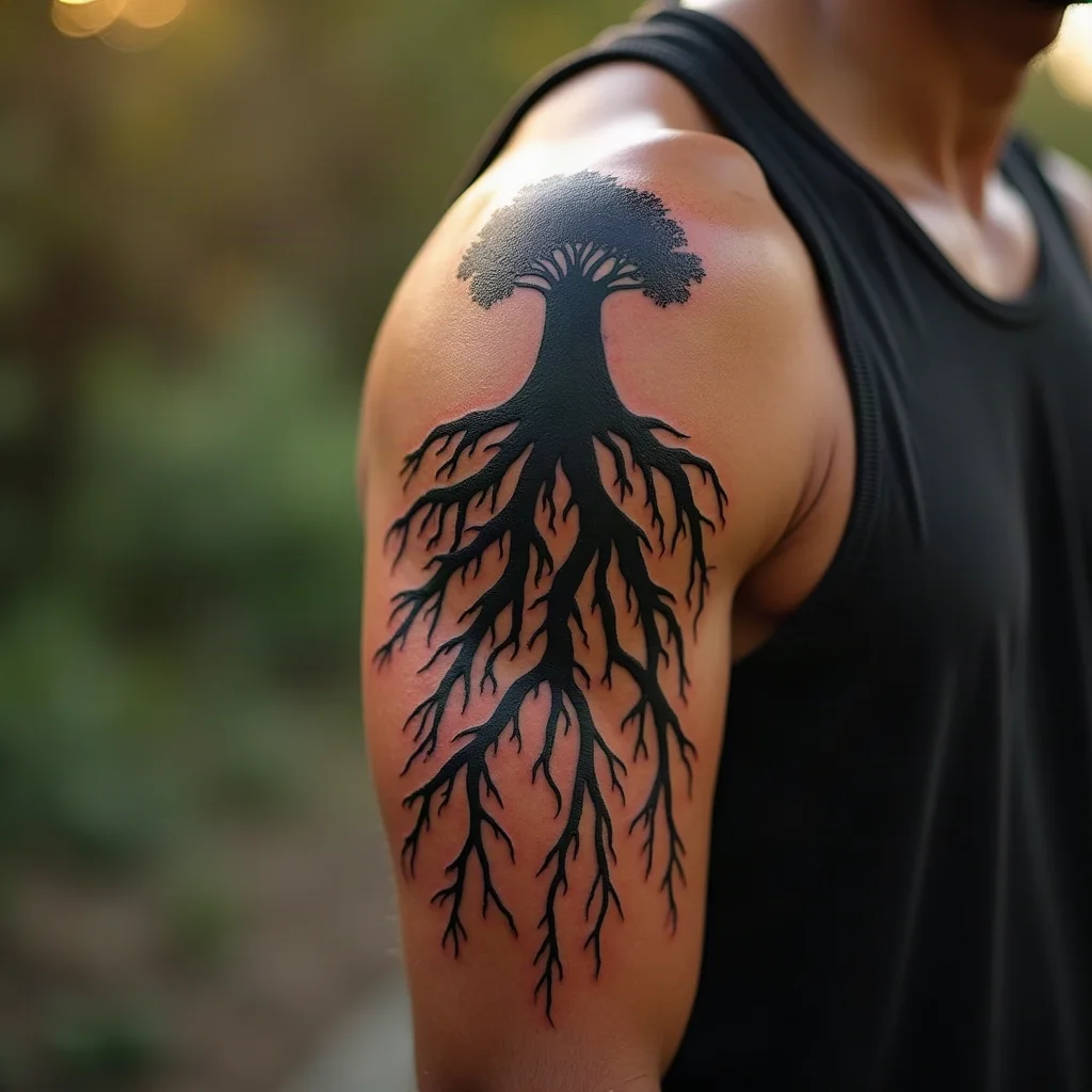 Tangled mangrove root band in blackwork wrapping a man's upper arm