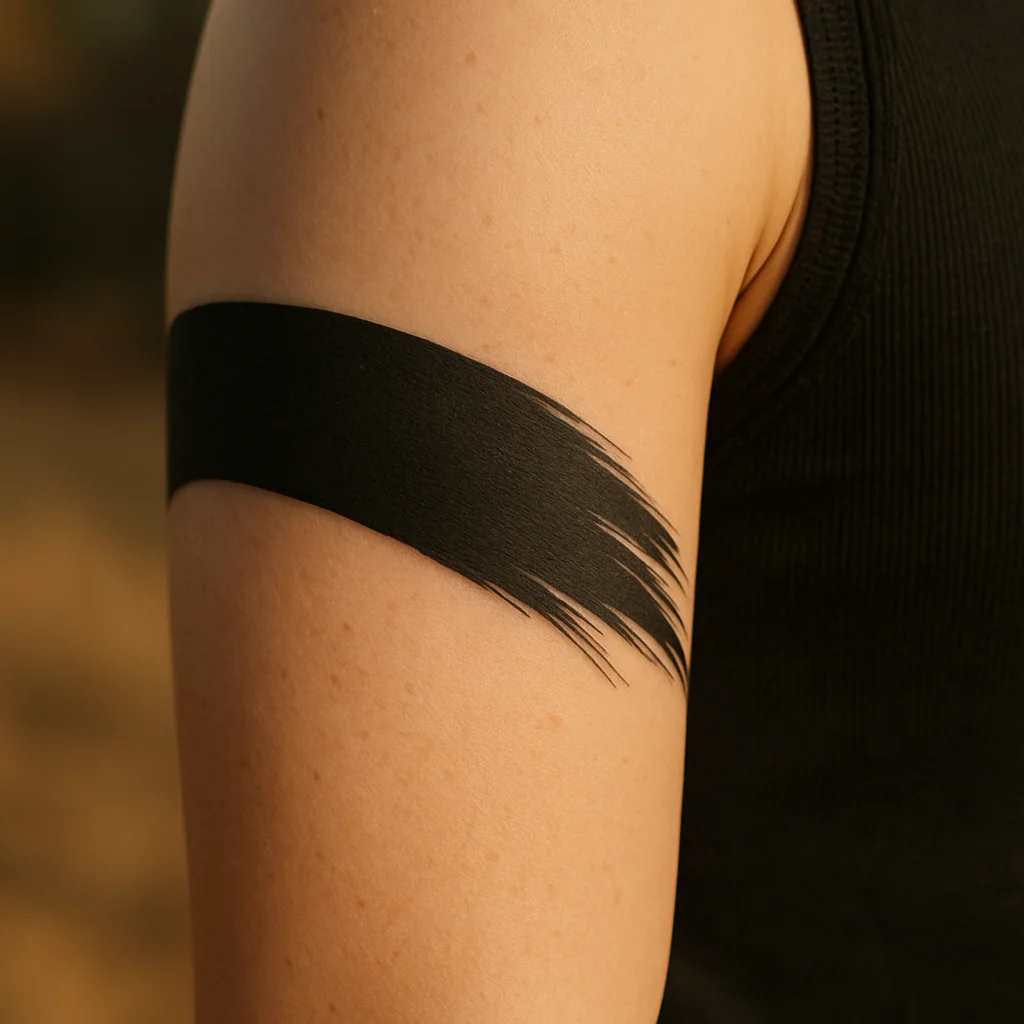 Tapered brushstroke armband swelling across the outer bicep in blackwork style