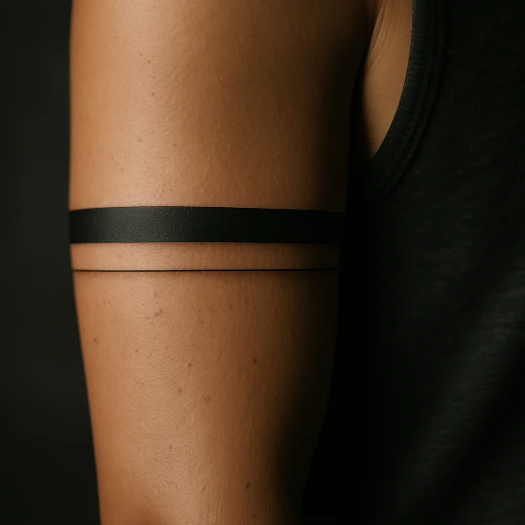 Thick and thin double armband lines wrapping the bicep in fine-line style
