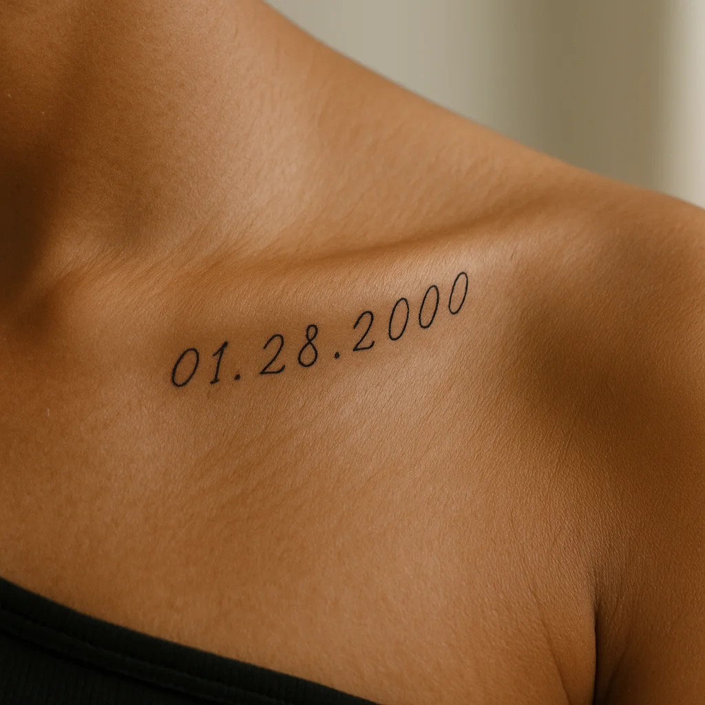 Thin fine-line script date tattoo tracing the collarbone