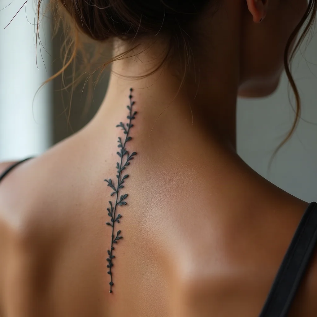 Thin fine-line vine tattoo running down a woman's spine