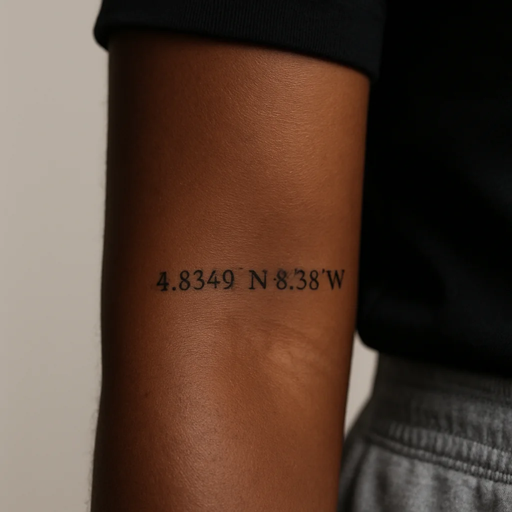 Thin serif coordinates tattoo in a single row on the outer forearm