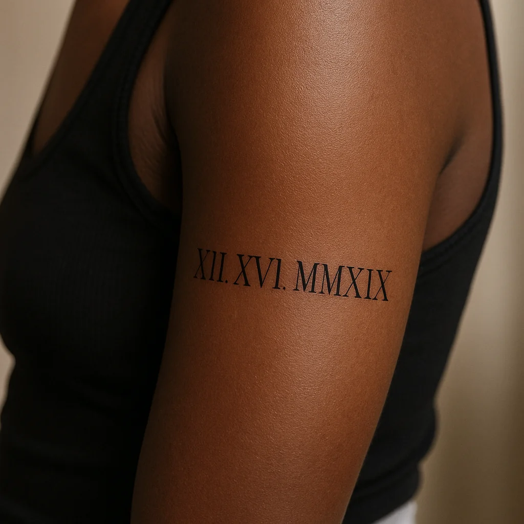 Thin serif Roman numeral date tattoo on the upper arm in fine-line style