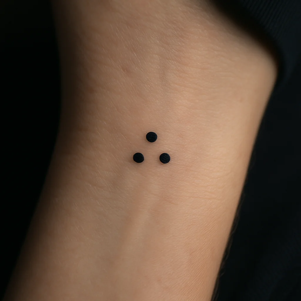 Three dots in a triangle, minimalist tattoo on a man's inner wrist