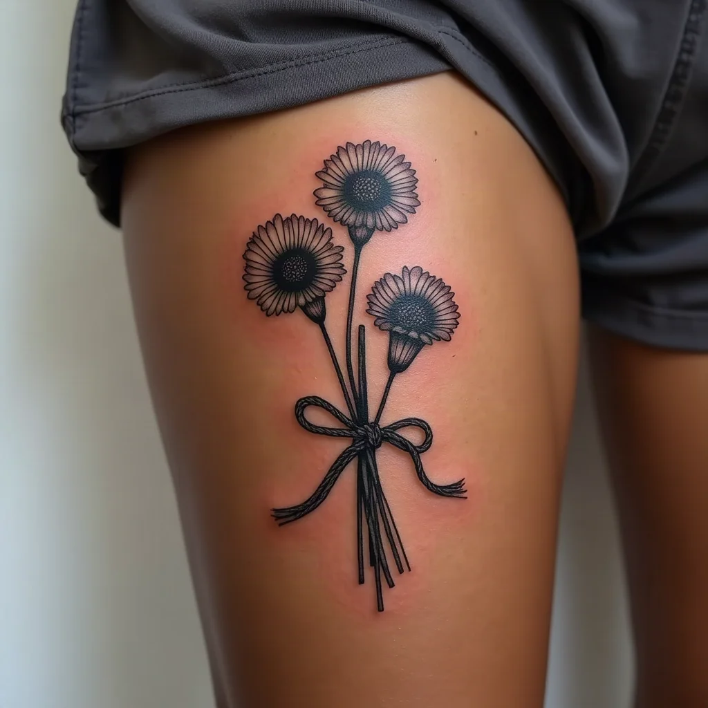 Three-flower birth bouquet including an aster, tied with twine, tattooed on the thigh
