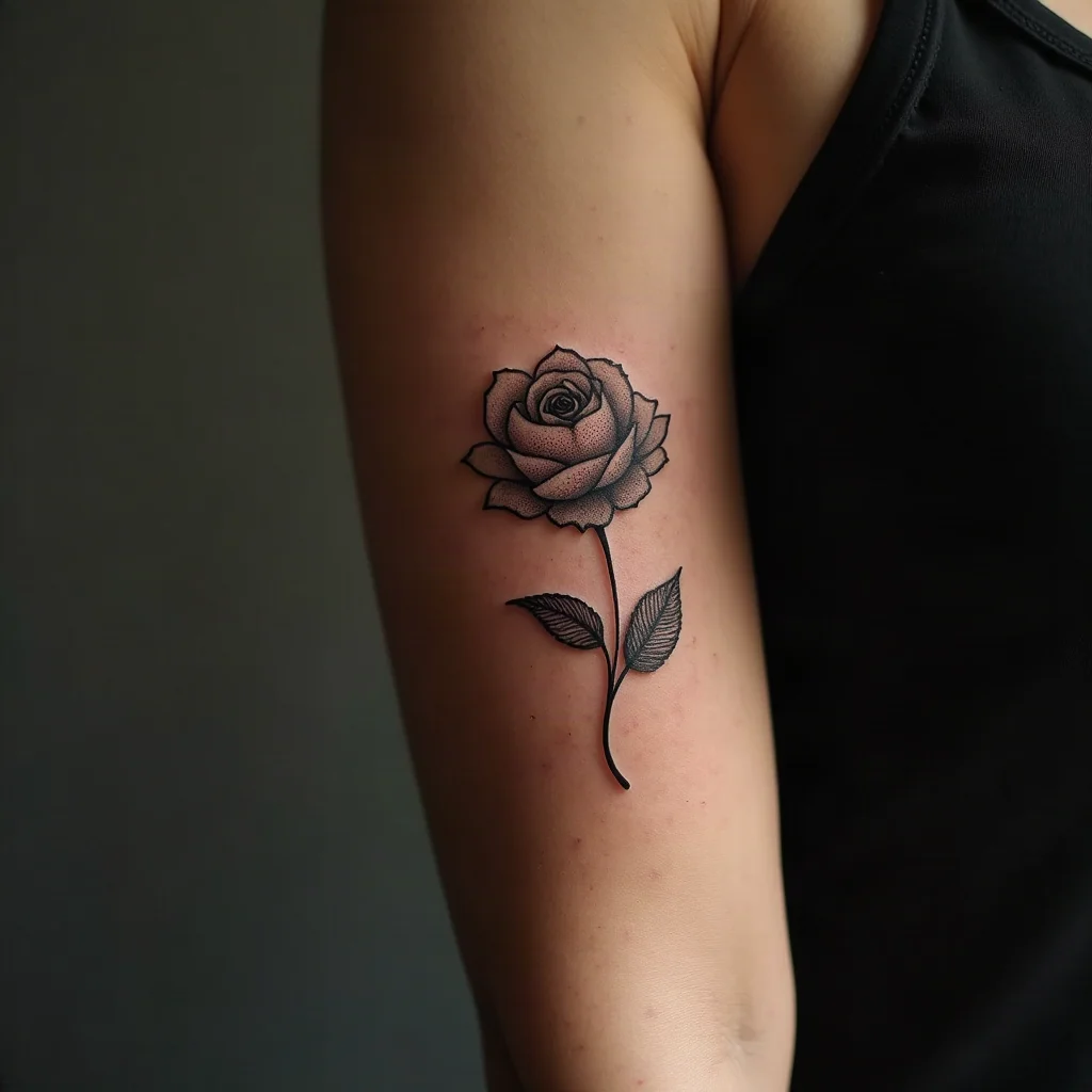 Three-inch fine-line rose with stippled shading tattooed on the inner forearm
