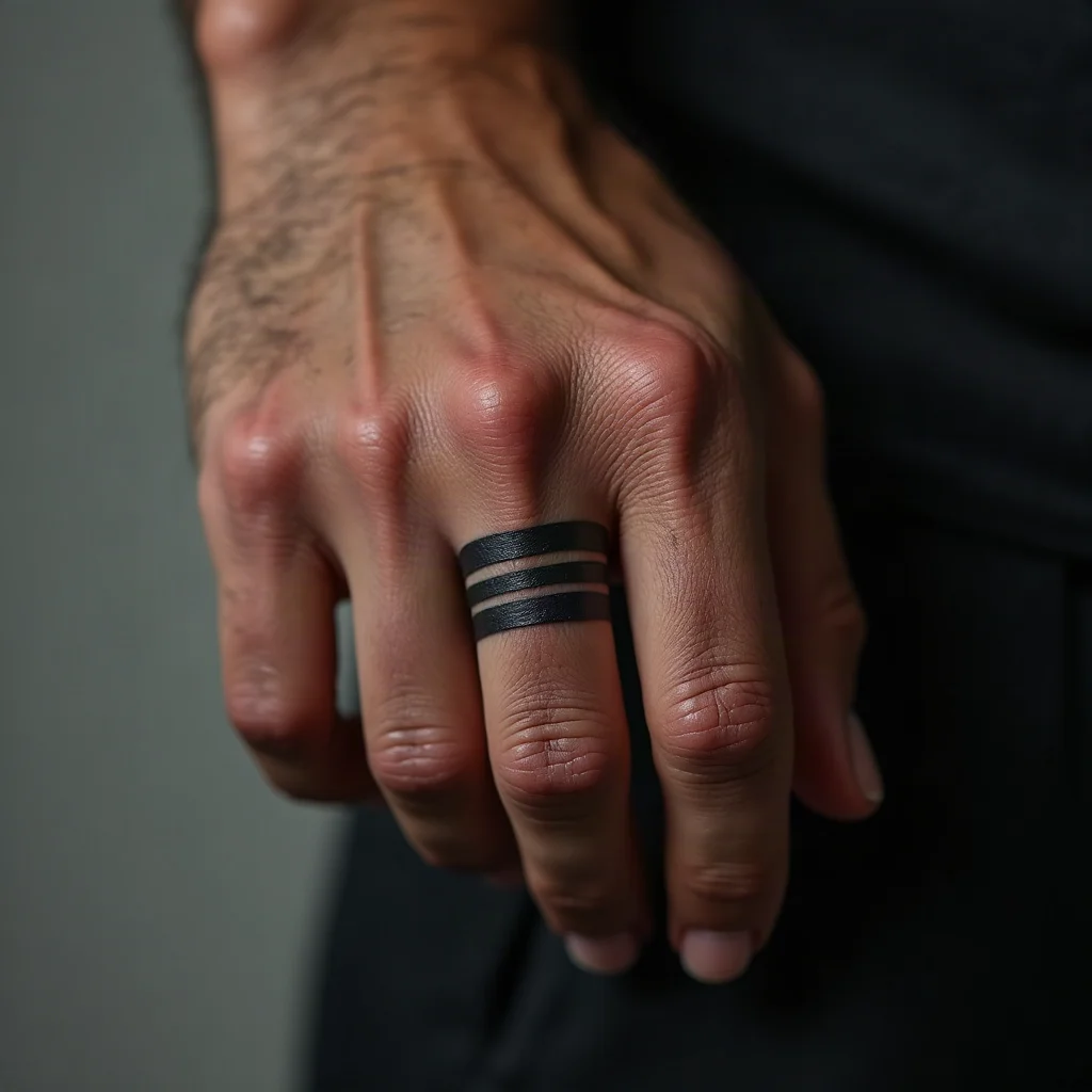 Three nested minimalist bands tattooed on a man's finger