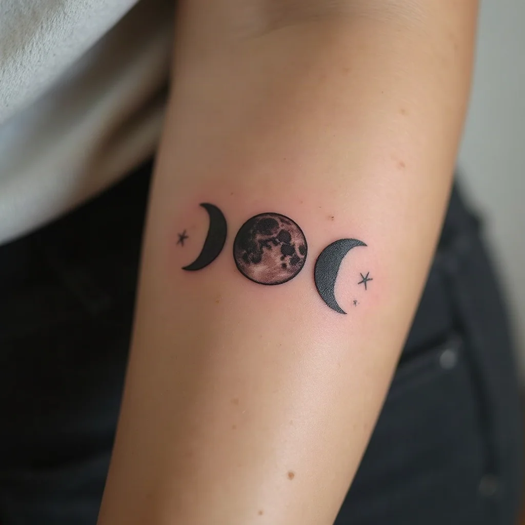Three sisters comparing matching fine-line moon phase tattoos on their inner forearms