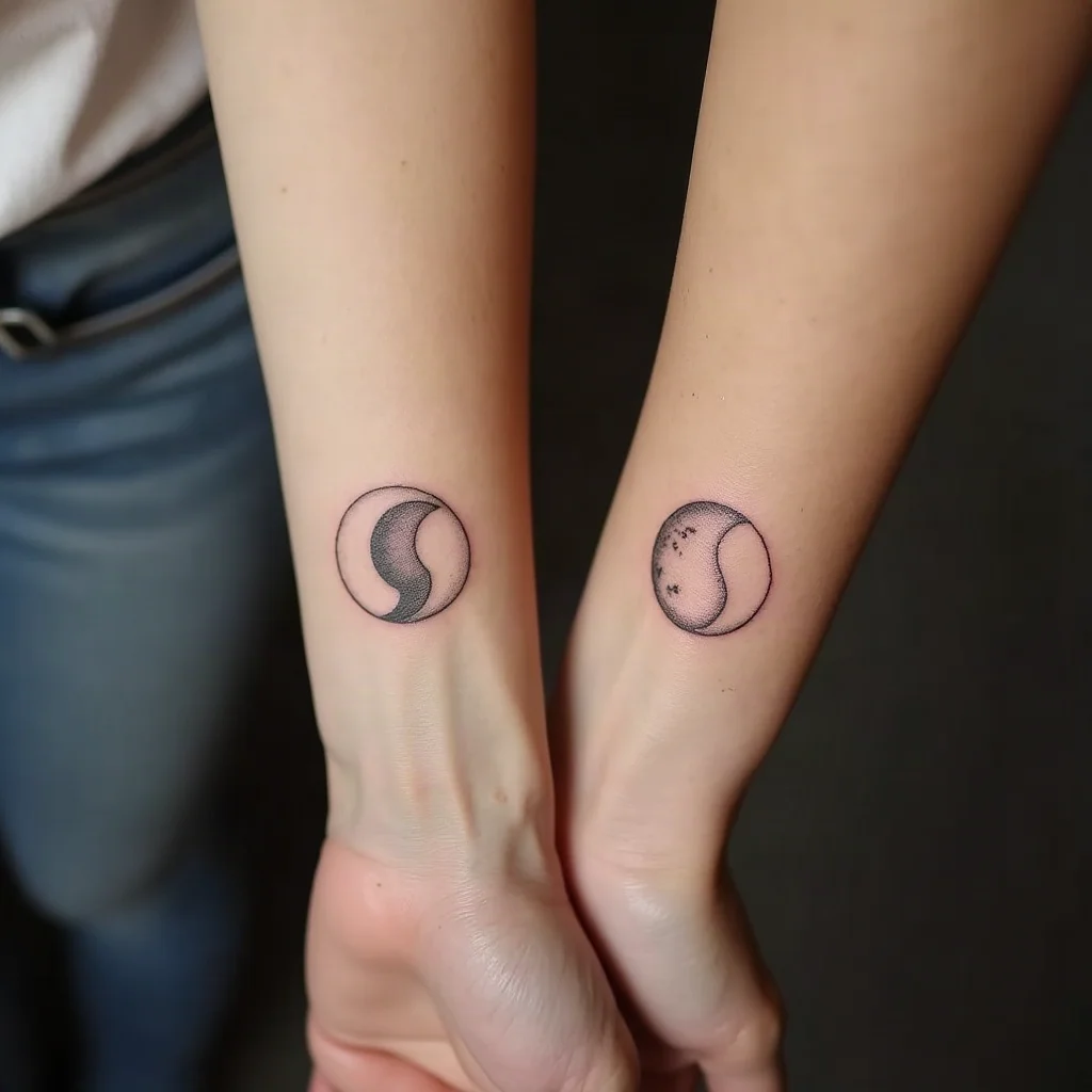 Three sisters' inner forearms side by side with matching fine-line moon phase tattoos