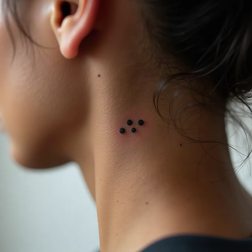 Three small dots in a triangle tattooed behind the ear in minimalist black