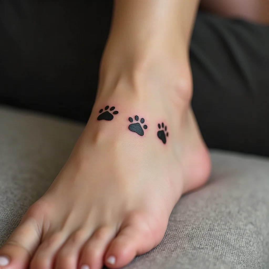 Three small paw prints crossing diagonally, minimalist tattoo on the top of the foot