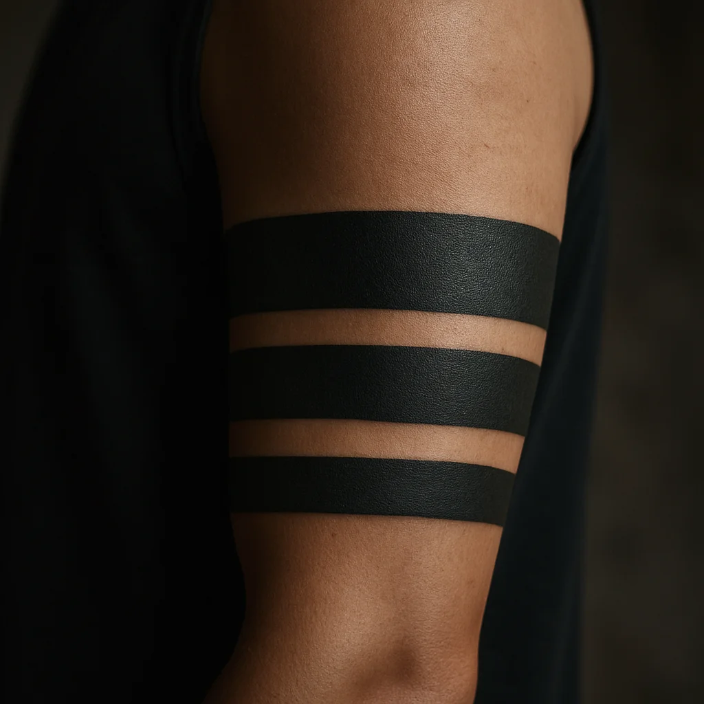 Three stacked black armbands of descending width down the bicep