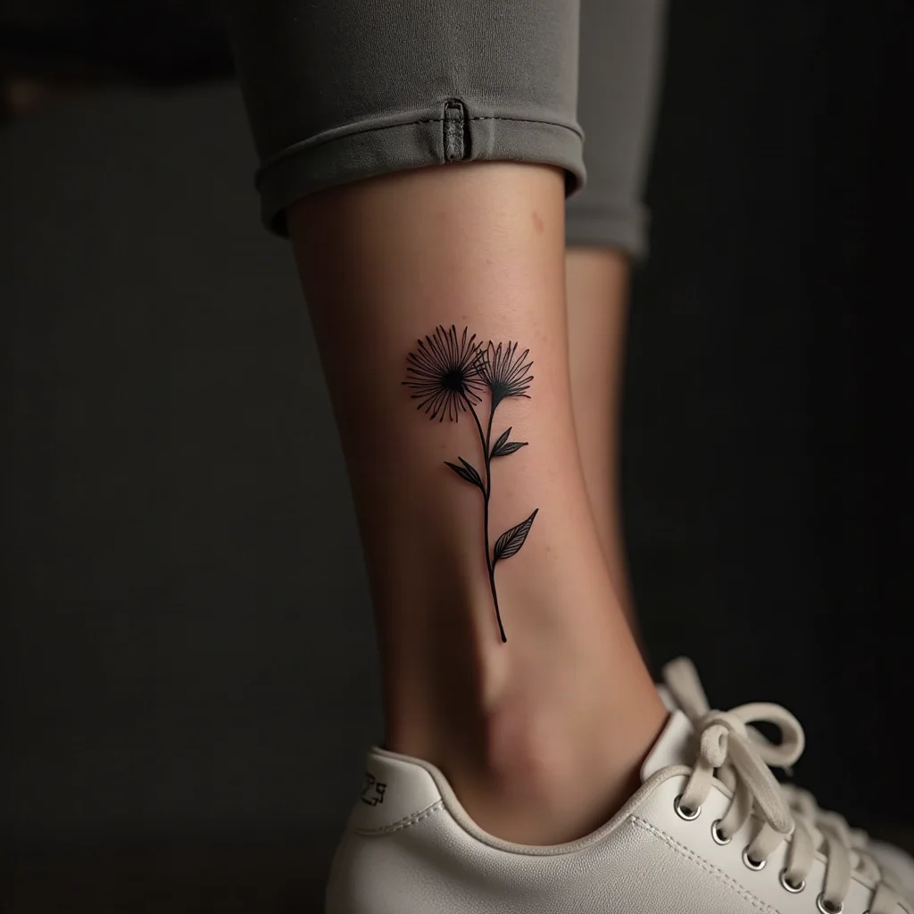 Three-stage aster stem with bud, half-open and full bloom tattooed on the ankle