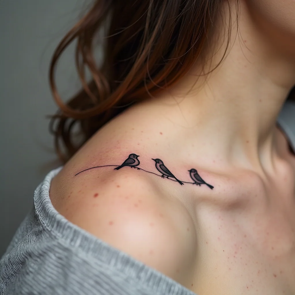 Three tiny fine-line birds following a woman's collarbone